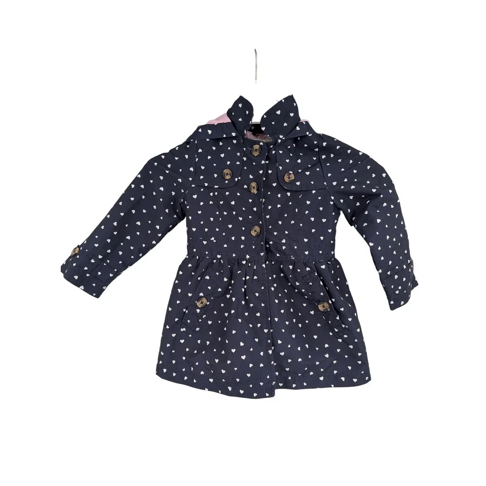 OshKosh Bgosh Girls Navy Blue Heart Print Hooded Trench Coat Jacket 4T